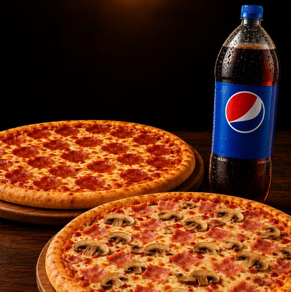 2 Large 2 Toppings Pizzas.