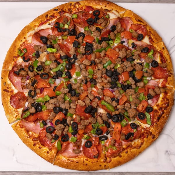 Can Am Pizza's fully loaded pizza with pepperoni, sausage, ham, olives, and bell peppers.