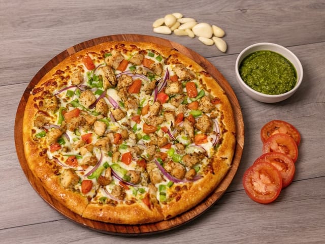 Halal Pesto Chicken Pizza.